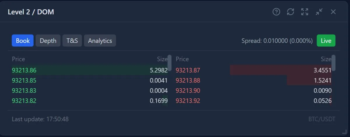 Nydar Level 2 depth of market widget showing live bid/ask order book